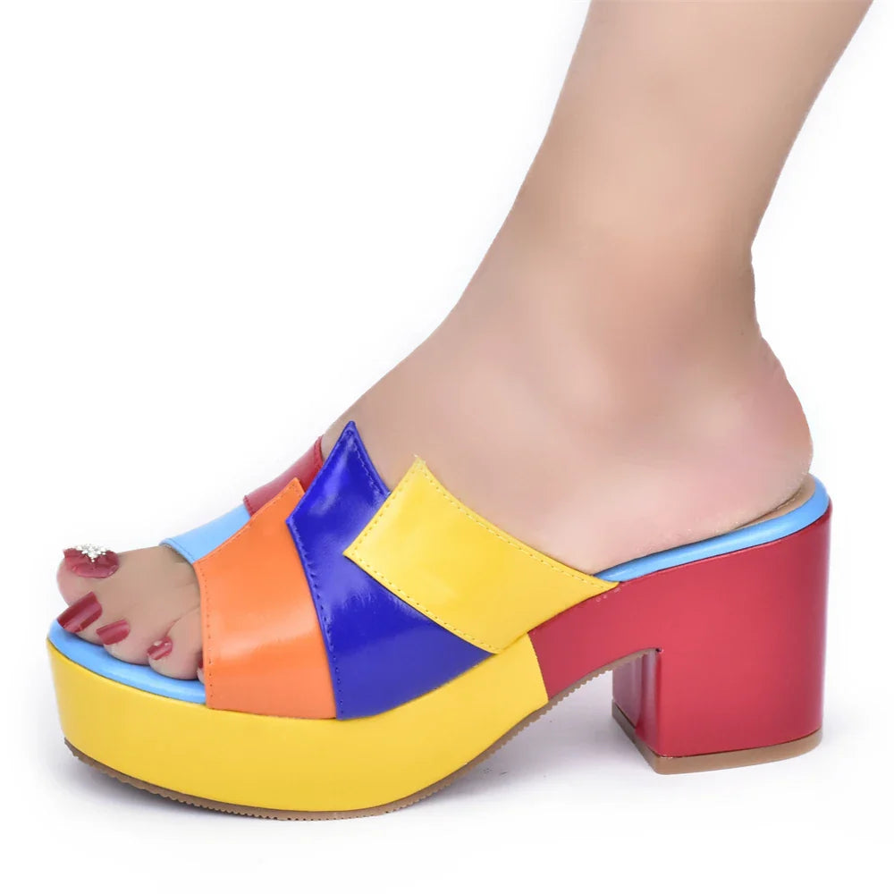 Beautifully designed high heels with a square heel and mixed color pattern, ideal for elegant summer occasions.