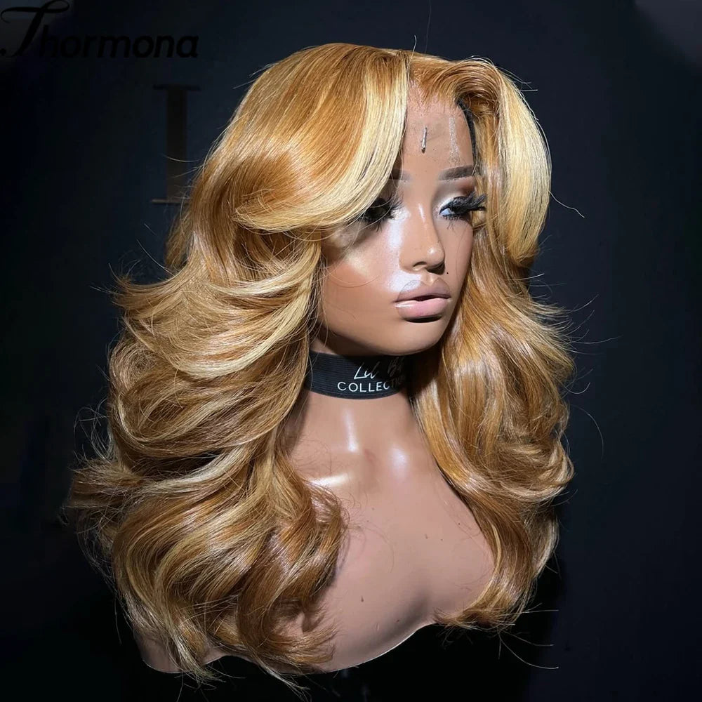 Model wearing the gorgeous 13x6 body wave ombre lace front wig in honey blonde, exemplifying beauty and sophistication in every curl.