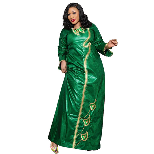 Elegant plus size African Bazin Riche embroidered dress for women, showcasing intricate traditional Dashiki party attire, perfect for special occasions.