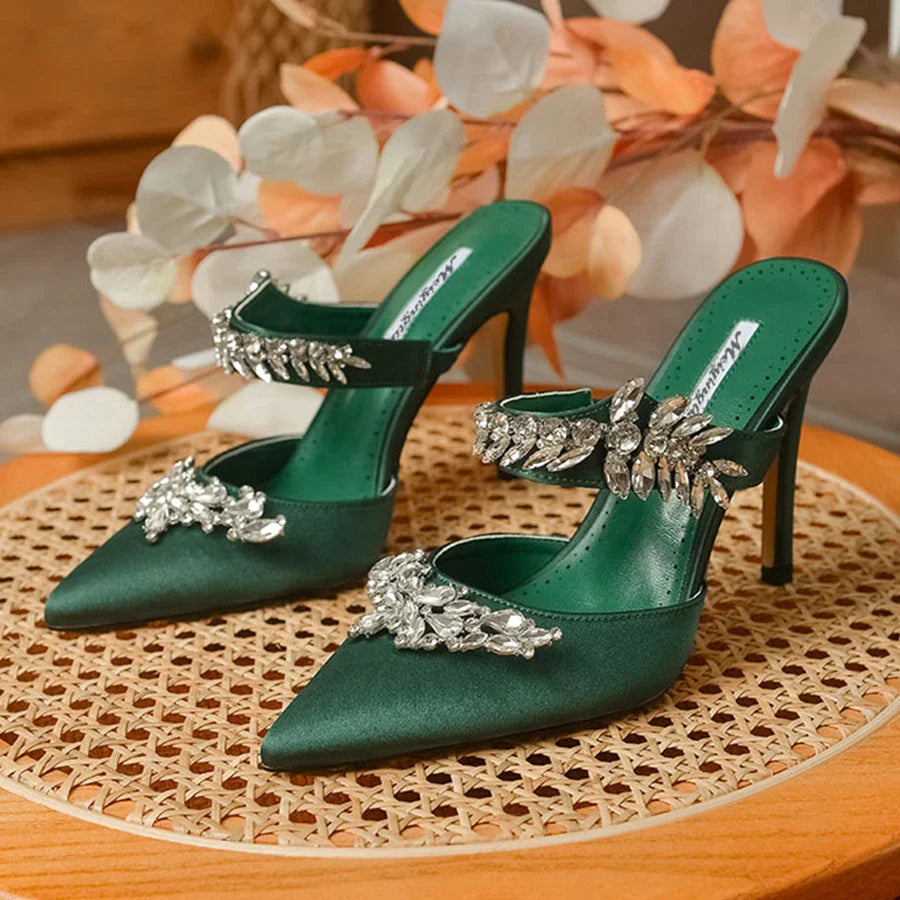 Luxury summer sandals for women, featuring a low thin heel and rhinestone embellishments on silk, designed for comfort and elegance.