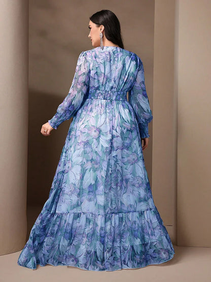 Elegant TOLEEN Plus Size Women’s V-Neck Floral Print Long Dress showcasing sophisticated lantern sleeves and delicate ruffles, perfect for summer gatherings.
