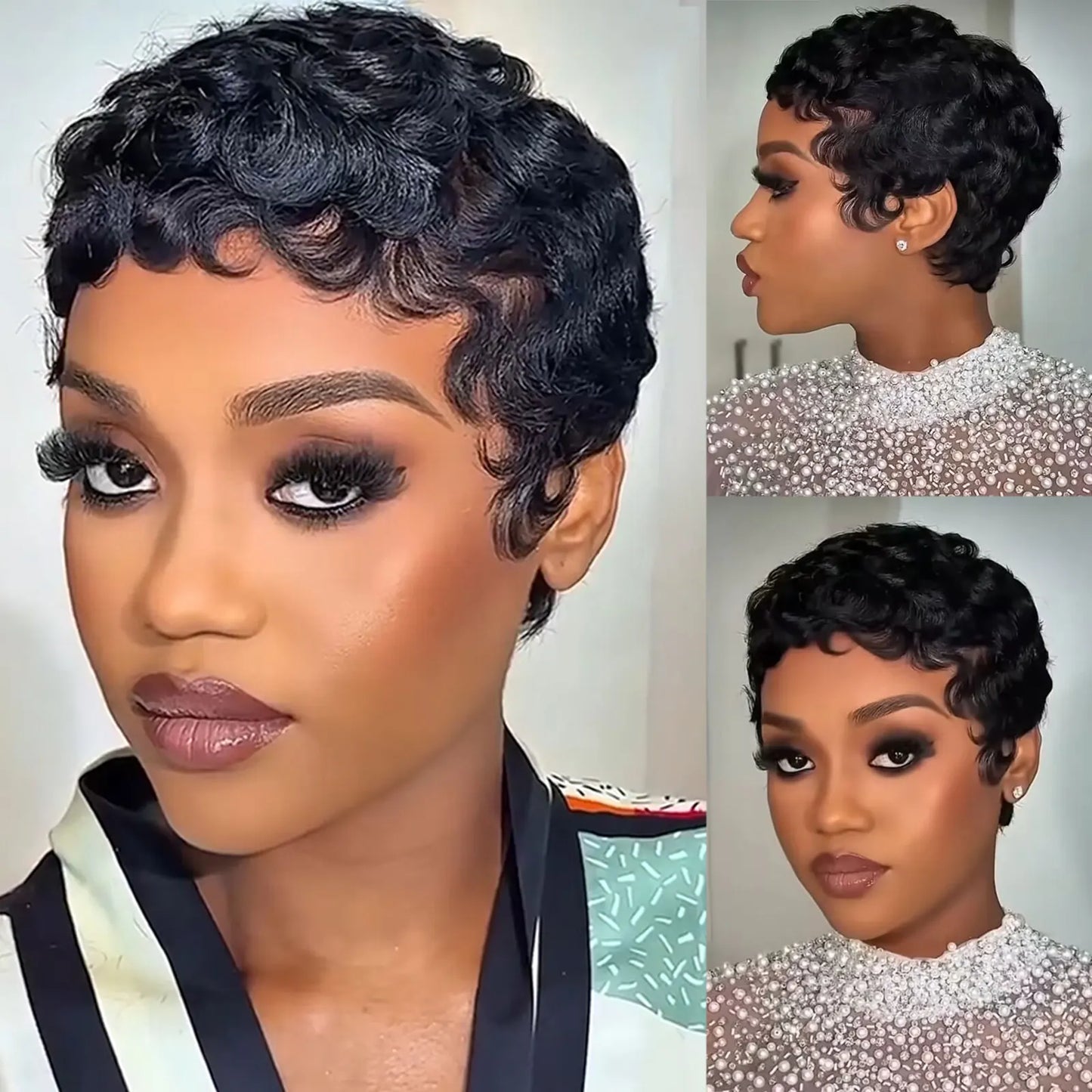 Luxury curly Remy human hair pixie cut wig in a stunning short style, crafted from high-quality Peruvian hair.