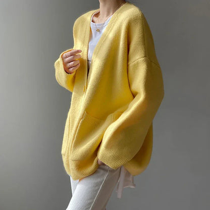 Stylish women’s yellow cardigan with full sleeves, crafted for comfort and elegance, enhancing any casual or refined look.