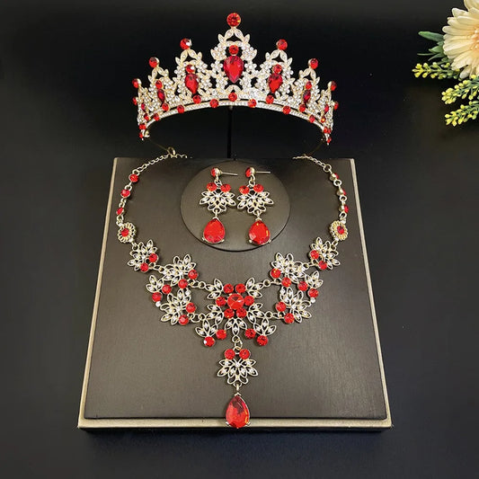 Elegant 3-piece bridal jewelry set featuring a stunning rhinestone crown necklace and matching earrings, perfect for weddings, designed for women and girls.