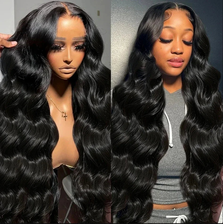 Luxury body wave lace front human hair wig in rich Brazilian Remy texture, 30-40 inches long, showcasing exquisite craftsmanship with 200 density for a voluminous look.