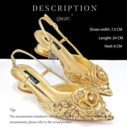 QSGFC elegant gold wedding shoes featuring luxurious handmade floral accents, designed for women in sizes 38-43.