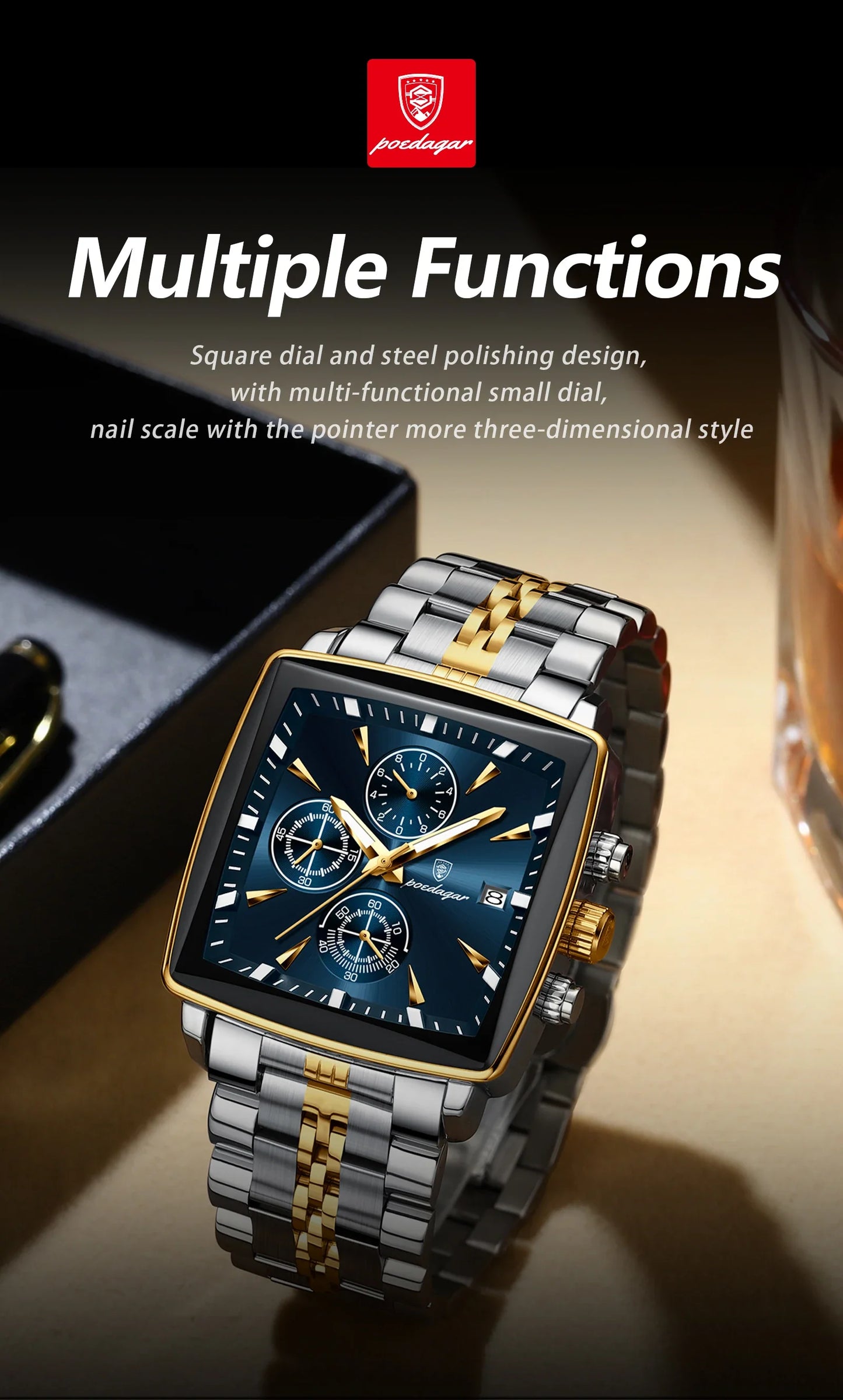 Luxury men's wristwatch with a 40-44mm dial, featuring a chronograph function and water resistance ideal for swimming and diving.