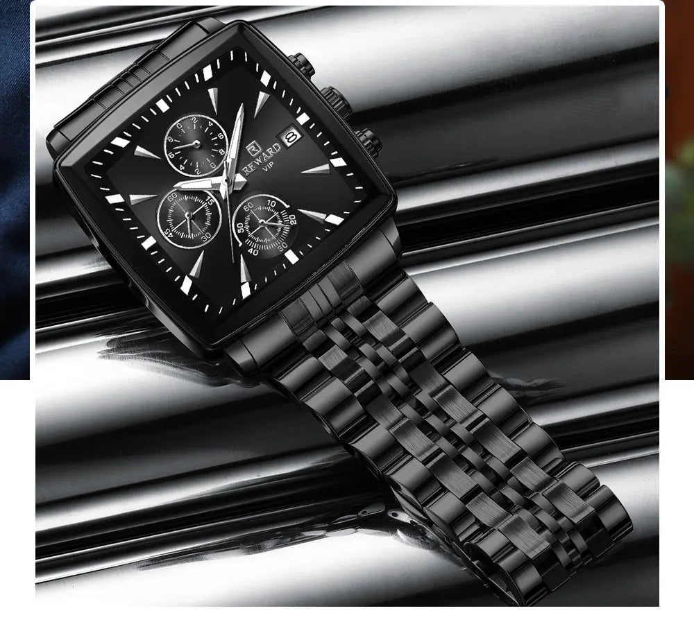 Showcasing the sleek rectangular case of the men's luxury watch, emphasising its modern design and durable alloy construction.