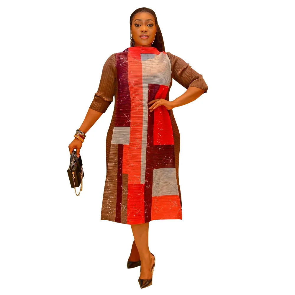 Elegant African plus size long dress featuring an O-neck and pleated design, perfect for women seeking traditional Dashiki attire.