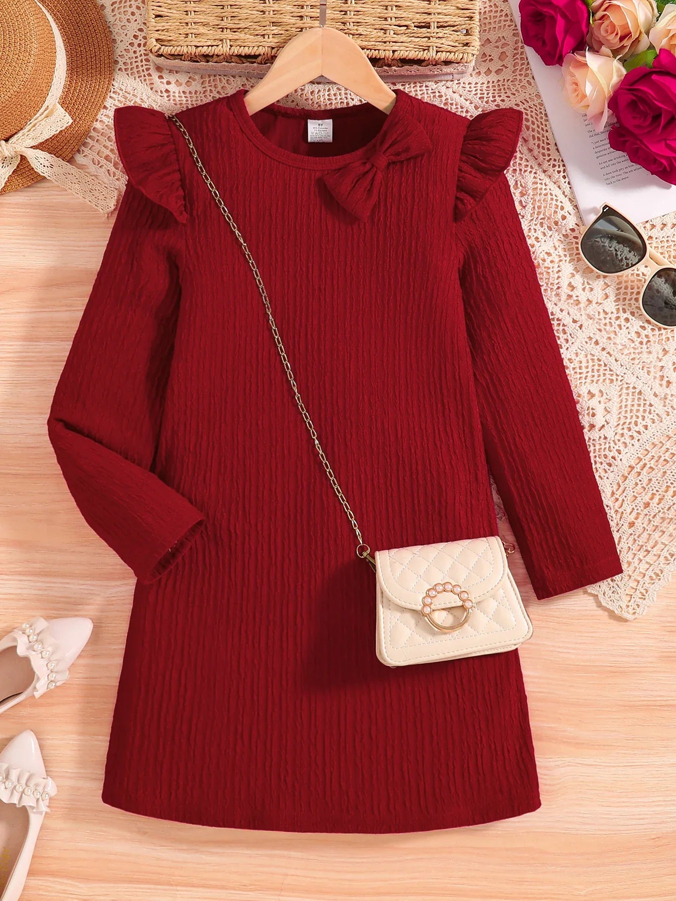 Luxury girl's autumn casual red knitted dress with knee-length design, breathable fabric, O-neck collar, and bow decoration suitable for ages 7-13.