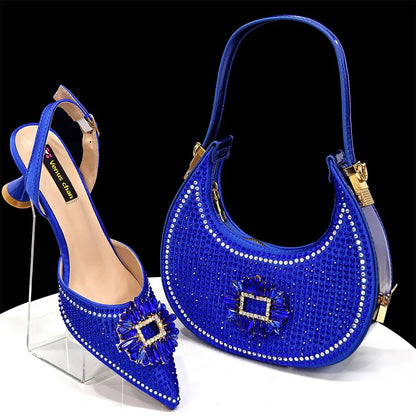 Elegant women's party shoes in a matching handbag set featuring a medium heel and pointed toe design, perfect for special occasions. Available in sizes 37-43.