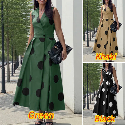 Stylish ZANZEA Women's Maxi Dress in polka dot pattern, featuring a sophisticated ankle-length and turn-down collar for a chic look.