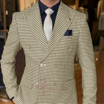 Close-up of the intricate houndstooth pattern on a men's elegant white jacket, showcasing premium polyester fabric ideal for special occasions.