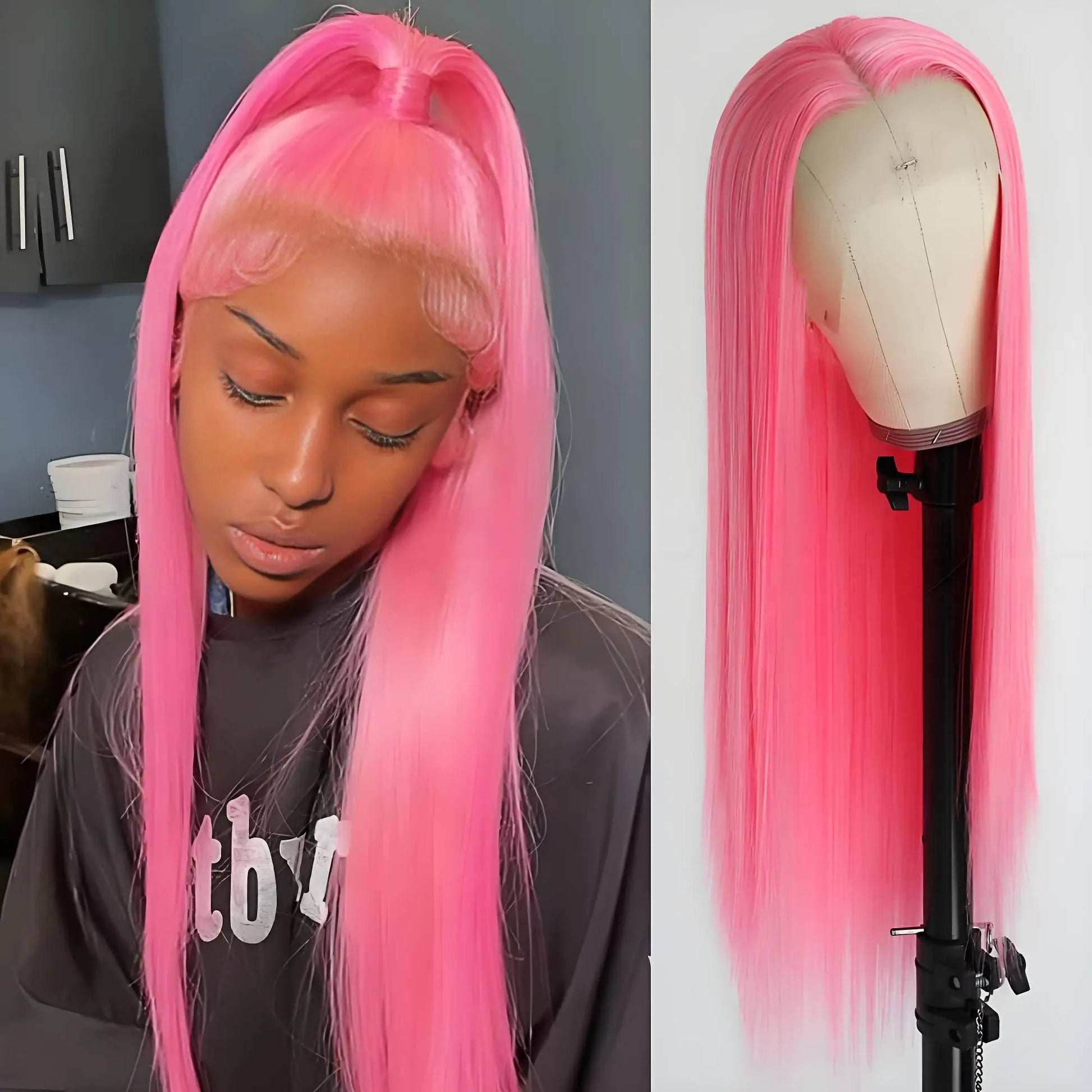 Exquisite 250% density long pink lace front wig, crafted from 100% Brazilian human hair, showcasing luxurious curls and a natural look, perfect for elegant styling.