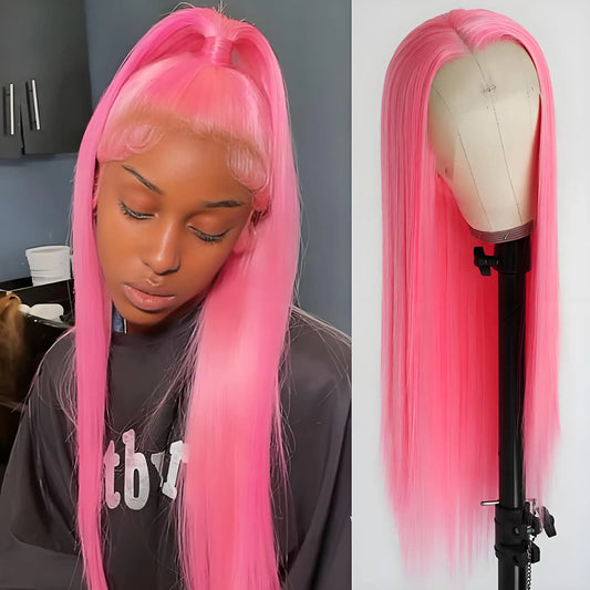 Exquisite 250% density long pink lace front wig, crafted from 100% Brazilian human hair, showcasing luxurious curls and a natural look, perfect for elegant styling.