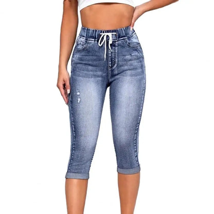  luxurious high waist women's leggings in vintage denim capris style, designed with pockets and an elastic drawstring for a slim fit, perfect for casual all-season wear.