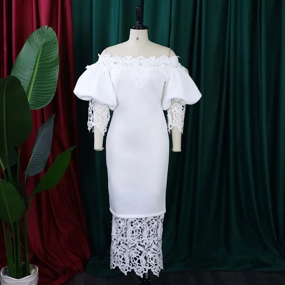 Model wearing the Elegant Women's Lace Midi Dress with high waist design, exuding charm and sophistication, suitable for various occasions.