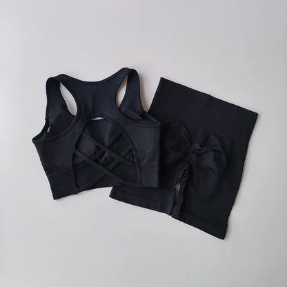 Elegant women's seamless activewear showcasing a sexy sport bra paired with high-waisted shorts, ideal for yoga and high-performance workouts.