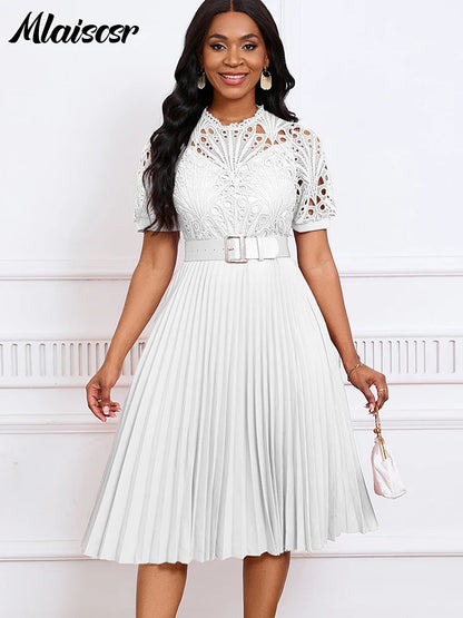 Mlaiscsr Luxury Pleated Dress in elegant O-neck with lace detail, perfect for weddings and parties, showcased in sophisticated styling.