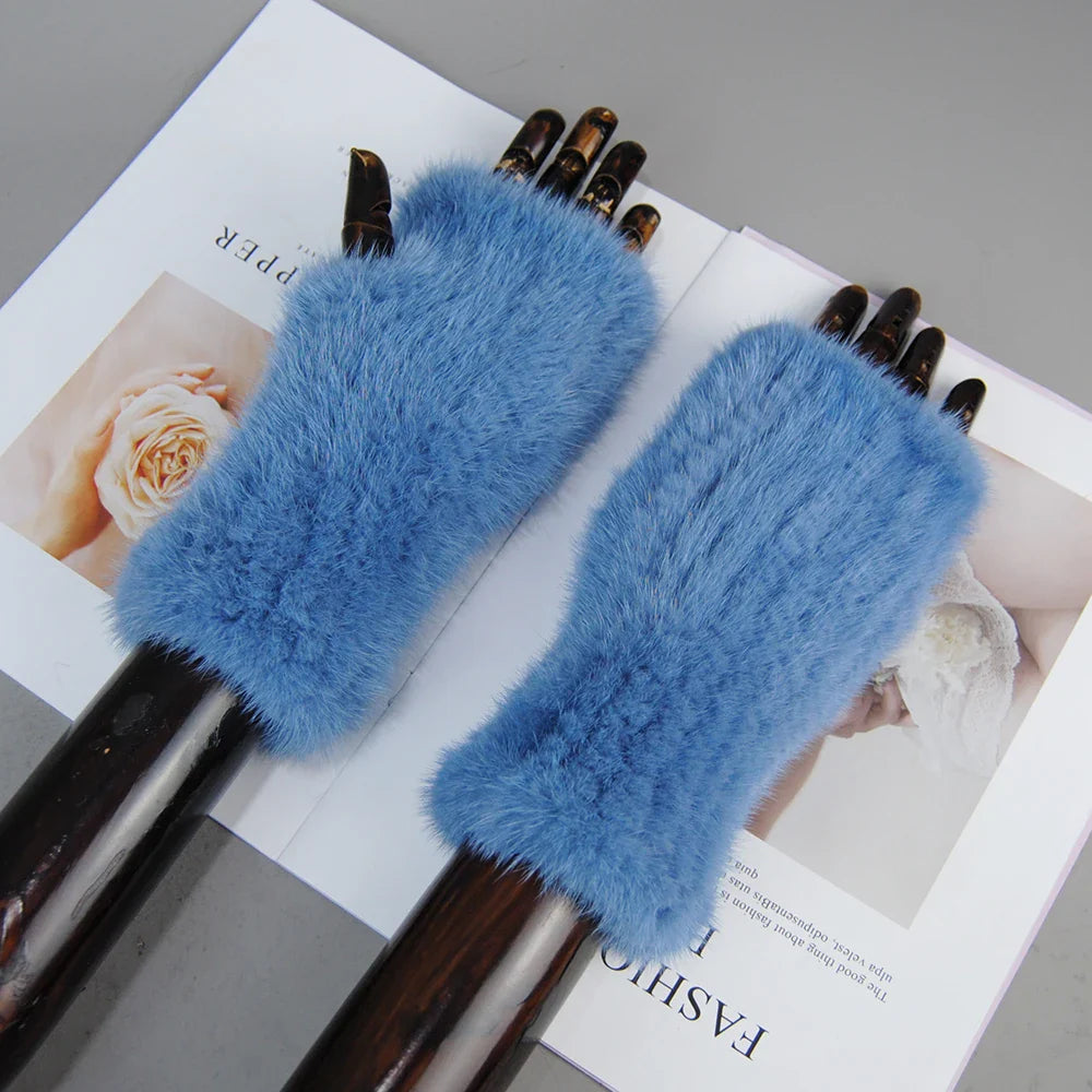 Close-up of luxurious mink fur texture on women's half finger gloves, combining fashion and warmth for the modern woman.