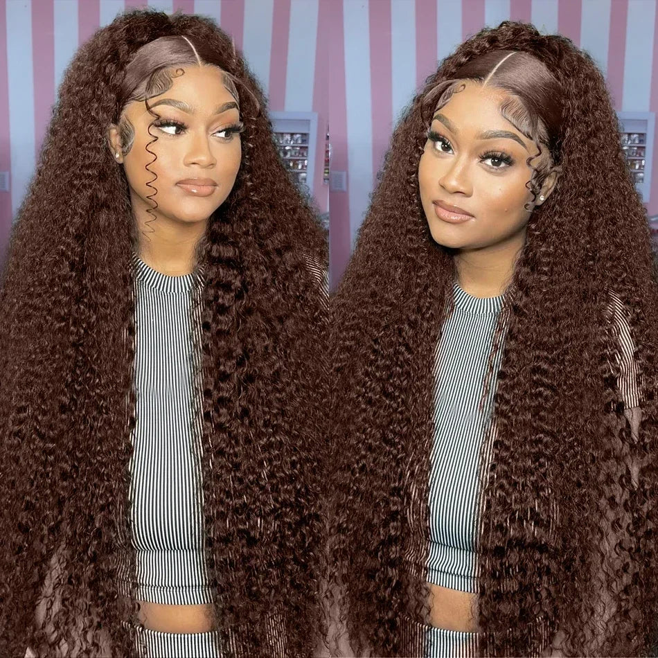 Profile view of the 36 Inch Chocolate Brown Kinky Curly 13x4 HD Lace Front Wig, highlighting its natural hairline and adjustable glueless cap for a flawless fit.