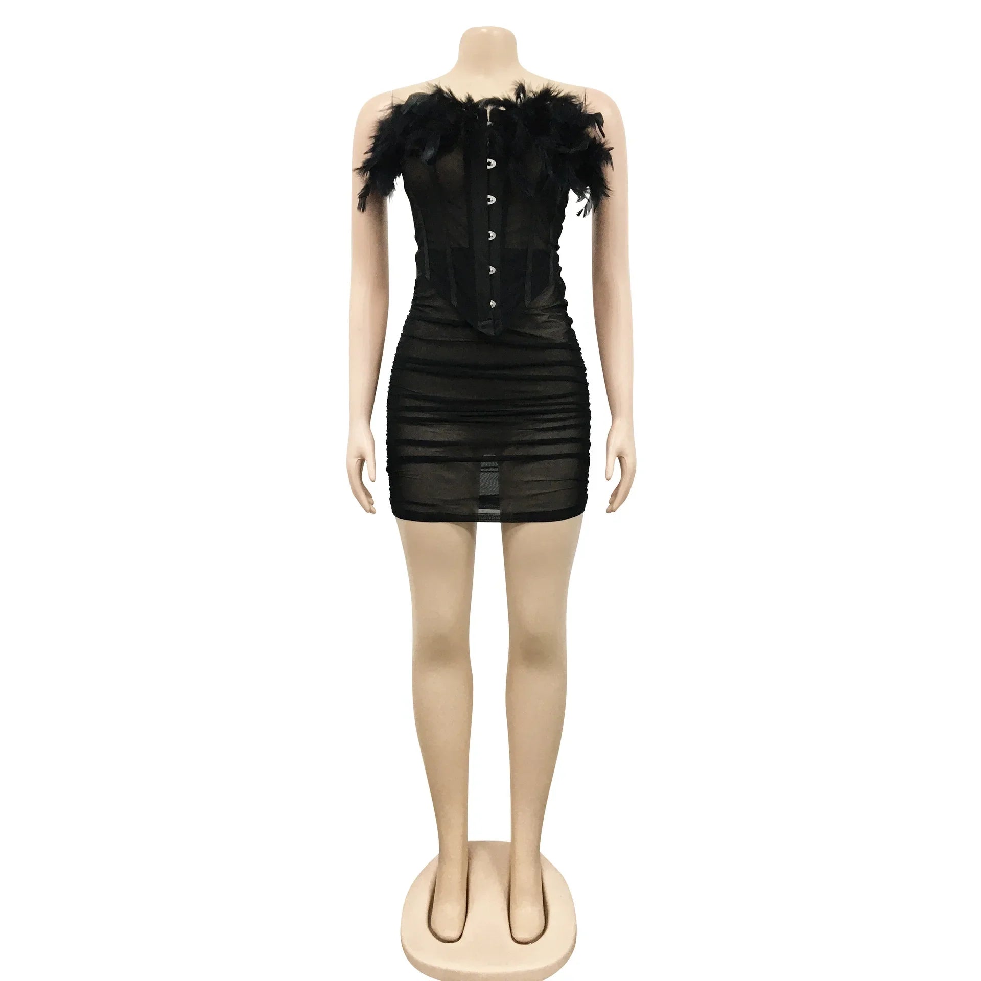 Refined BKLD Women’s Sexy Co-ord Set with exquisite mesh and feather accents, offering a luxurious look for fashionable women.