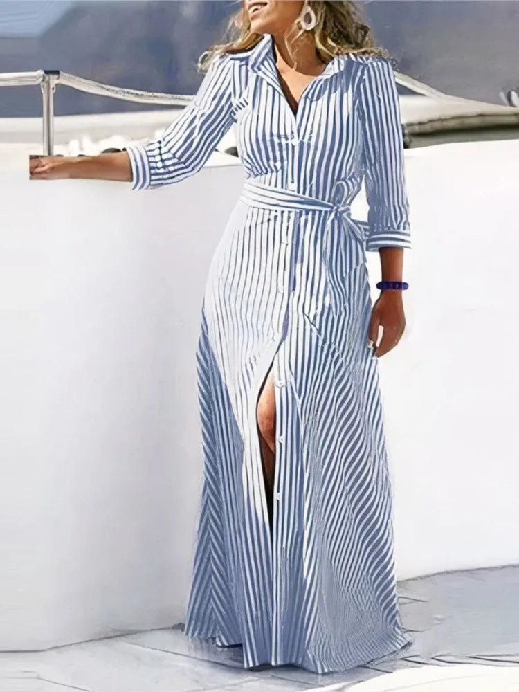 Chic autumn lace-up shirt dress with a relaxed fit, combining a stylish striped pattern and turn-down collar, perfect for elevating any wardrobe.