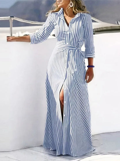 Chic autumn lace-up shirt dress with a relaxed fit, combining a stylish striped pattern and turn-down collar, perfect for elevating any wardrobe.