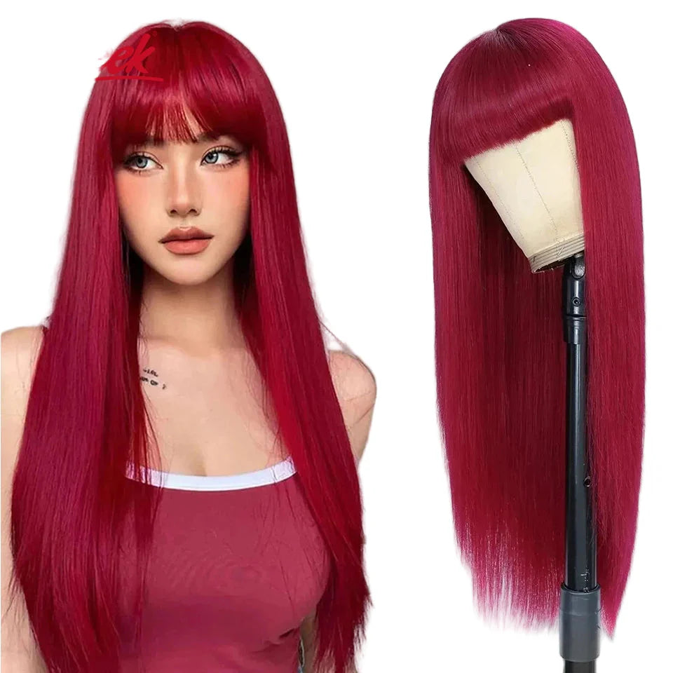 Luxurious Brazilian straight red burgundy human hair wig with bangs, designed for black women, featuring an average cap size for a comfortable fit.