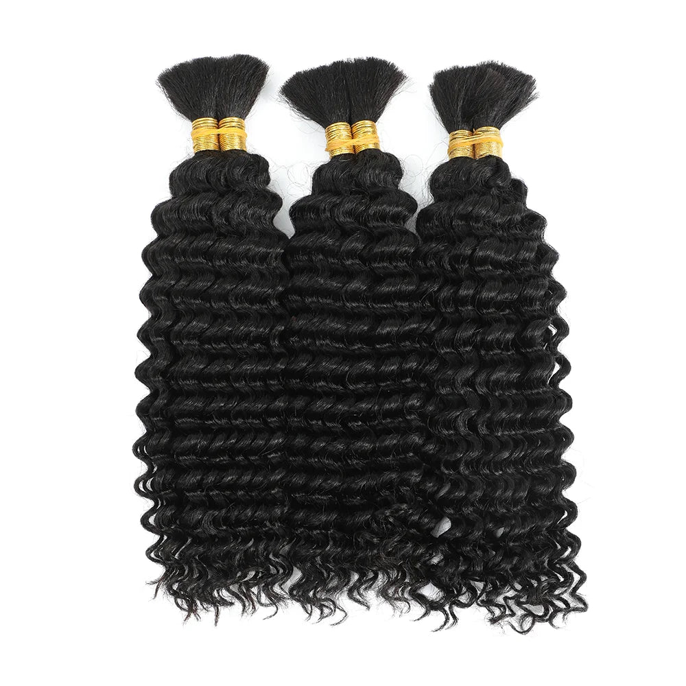 Stylish presentation of two bundles of high-quality Brazilian human hair, deep wave curly texture highlighted for beauty and versatility.