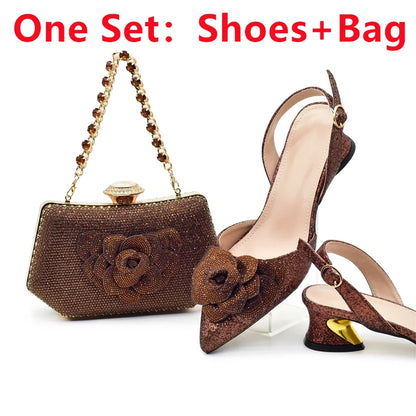 Elegant handbag coordinating perfectly with rhinestone embellished party pumps, part of the luxurious Ladies Shoe and Bag Set, perfect for weddings and formal events.