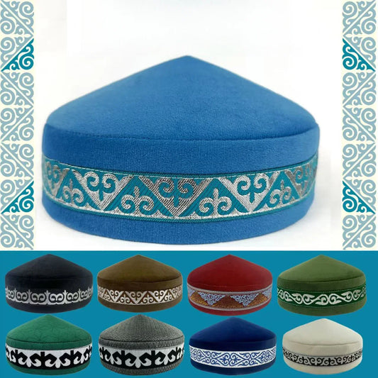 Luxurious Kazakh handmade hat for men, featuring intricate embroidery, available in blue, ideal for outdoor events across all seasons.