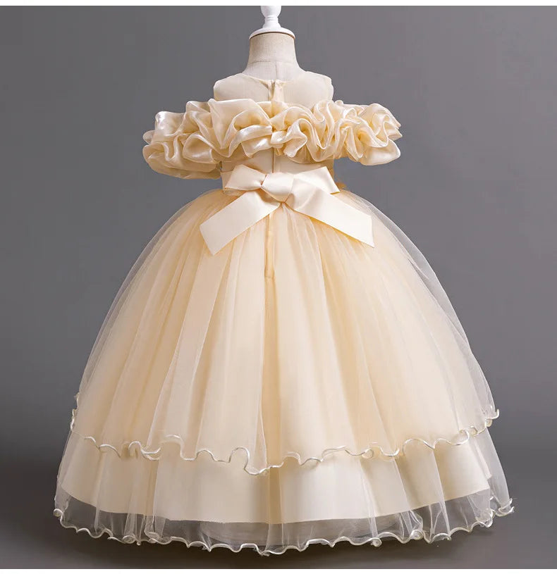 Exquisite ankle-length evening gown for girls, crafted from premium cotton and polyester, highlighting a stunning silhouette with short sleeves.