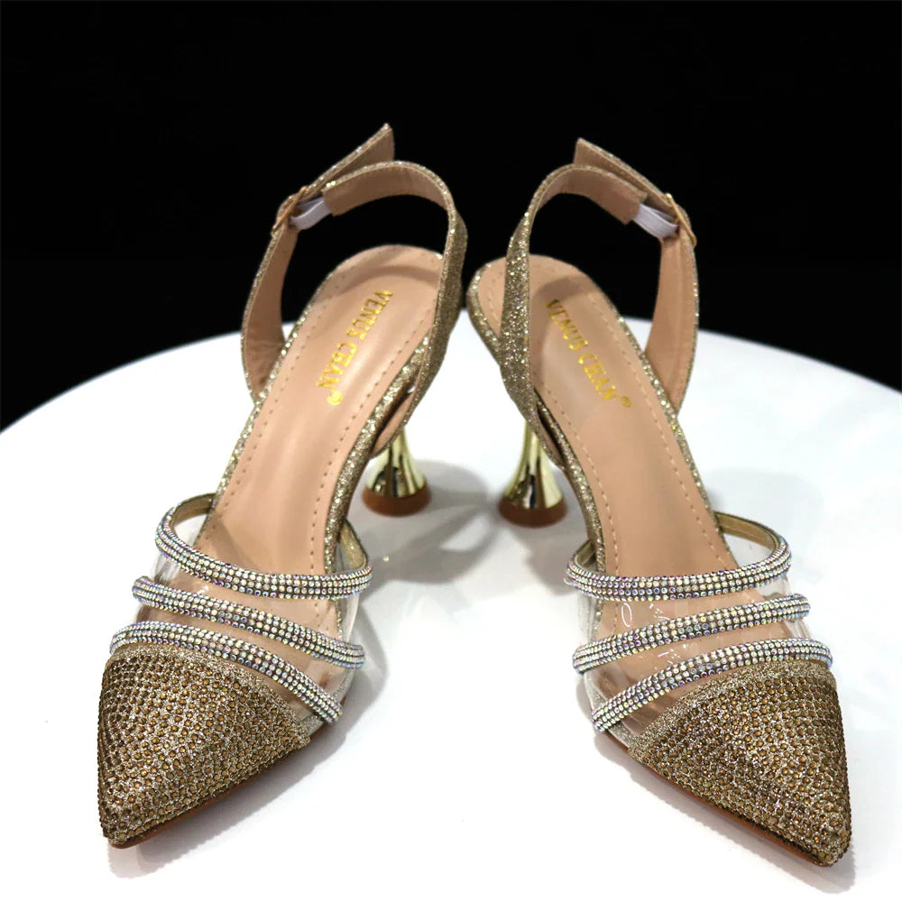 Elegant Venus Chan women's pointed toe black heels adorned with a sparkling rhinestone chain, perfect for enhancing any formal outfit.