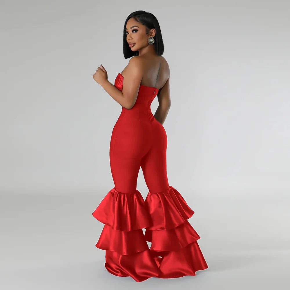 Elegant strapless sleeveless jumpsuit for women with a slim fit and ankle-length pants, showcasing ruffled patchwork design, perfect for autumn-winter high street style.