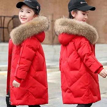 Luxury girls winter jacket featuring a stylish hood and plush fur collar, perfect for ages 5-14. A warm velvet coat designed for elegance in cold weather.