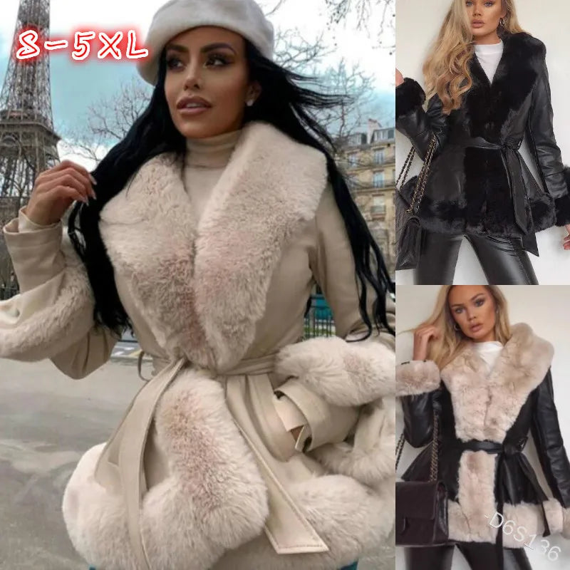 Women's luxury faux leather jacket featuring warm imitation rabbit hair for elegant winter style.