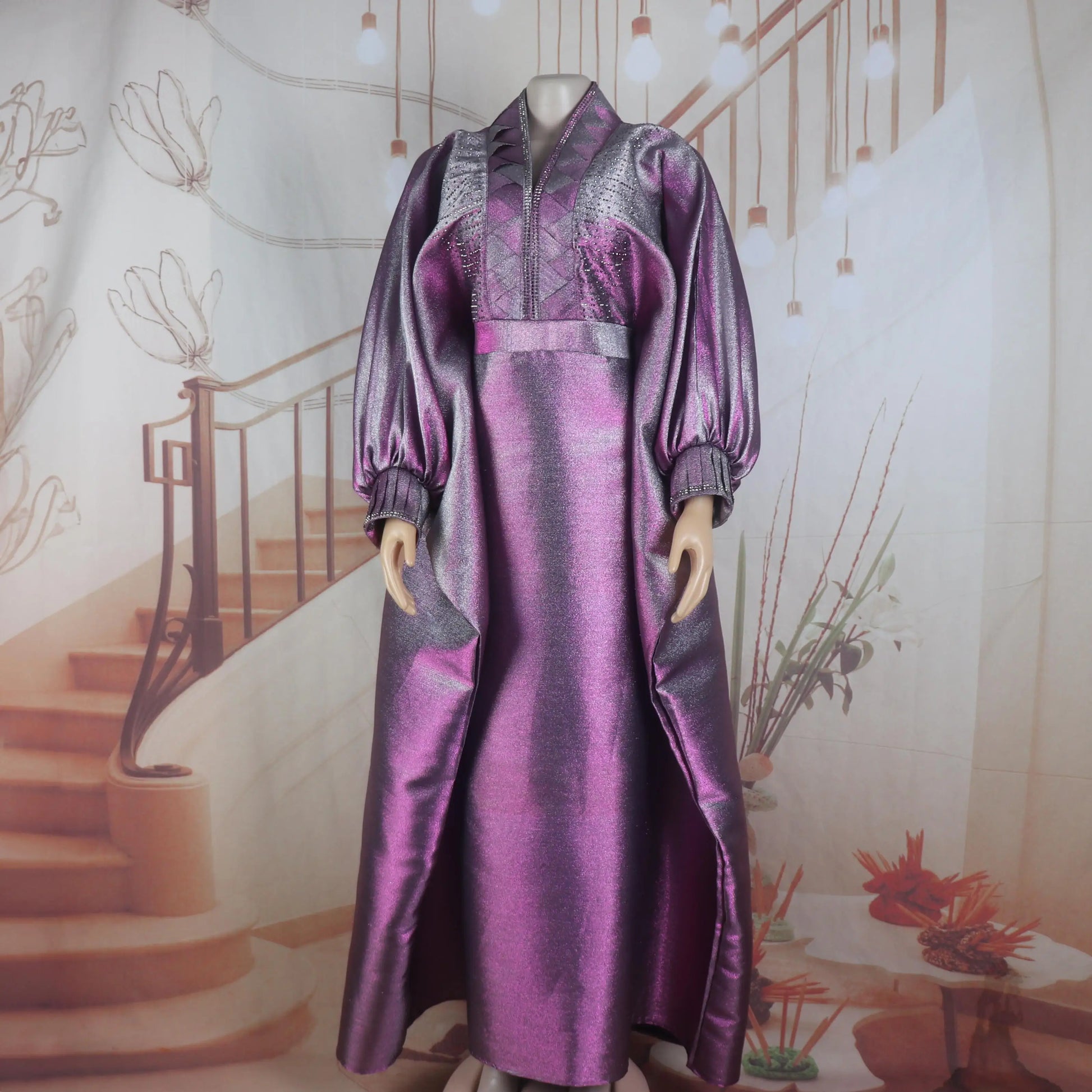 Close-up view of luxury rhinestone embellishments on the V-neck of a women's turkey dress, highlighting the exquisite craftsmanship and elegance.