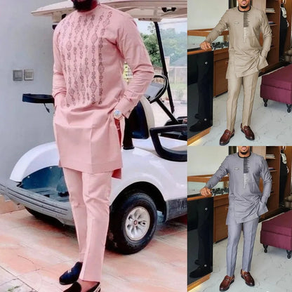 Full view of Men's Luxury Casual White Two-Piece Suit with Drawstring Pants, showcasing the elegant and relaxed fit ideal for all seasons.