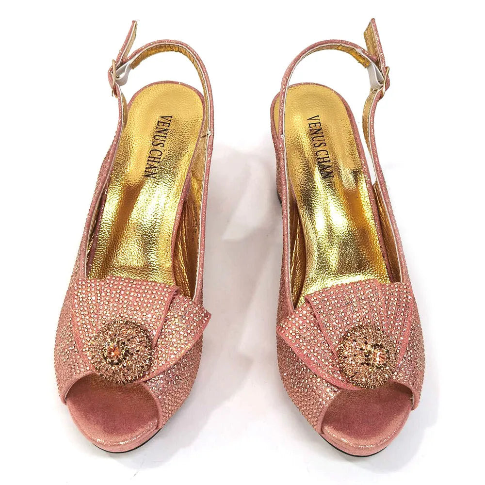 Elegant Venus Chan slingback pumps in golden hue adorned with bling, perfect for a glamorous wedding attire.