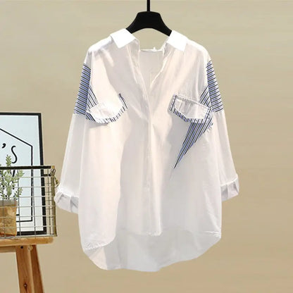 Elegant women's spring summer 3-piece set featuring a striped long sleeve shirt, stylish vest, and wide leg jeans, designed for modern sophistication in sizes S-3XL.