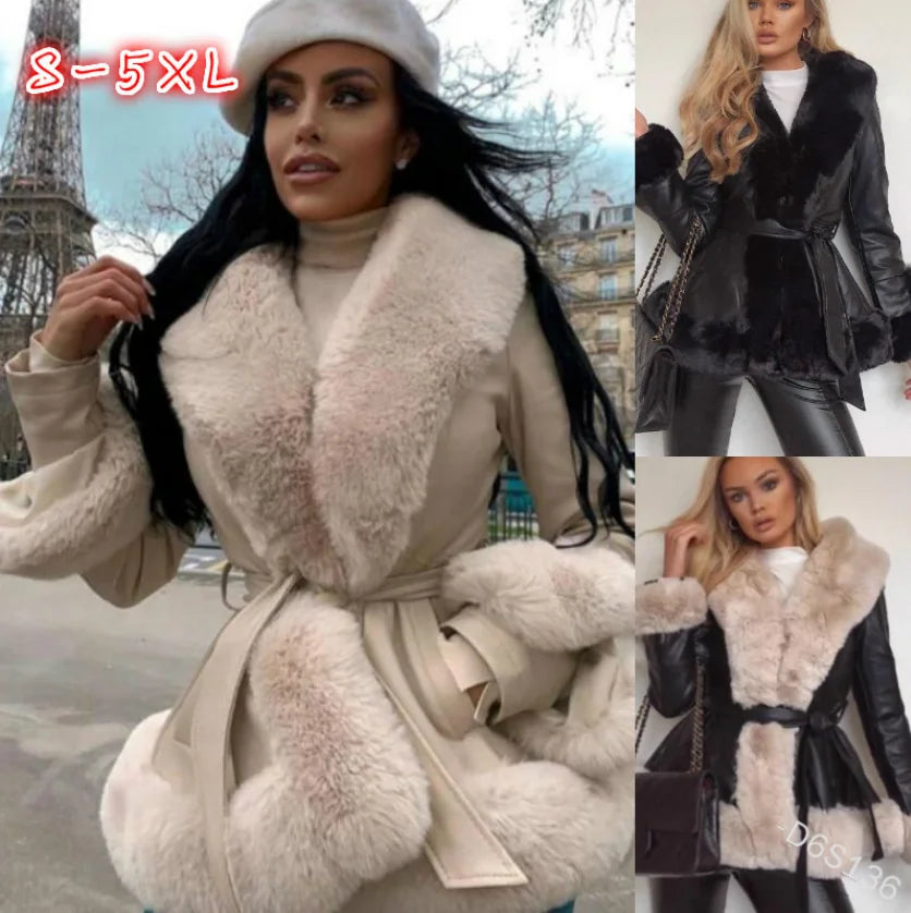 Stylish women's faux leather jacket adorned with soft rabbit hair, perfect combination of warmth and luxury.