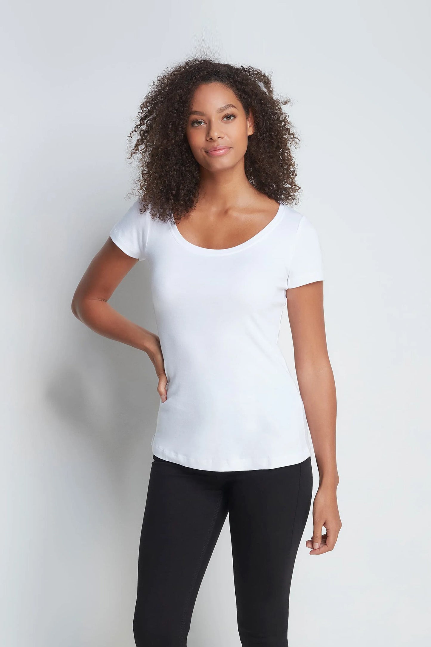 High-quality women's t-shirt with a scoop neckline and short sleeves, designed for all-day comfort and sophistication in sizes 6-18.