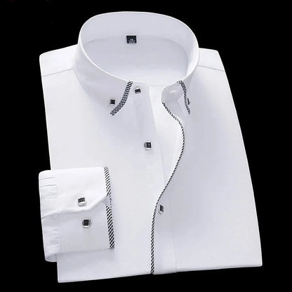 Luxury men's slim fit white dress shirt with long sleeves, featuring a square collar and crafted from high-quality cotton, ideal for smart casual occasions.