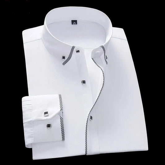 Luxury men's slim fit white dress shirt with long sleeves, featuring a square collar and crafted from high-quality cotton, ideal for smart casual occasions.