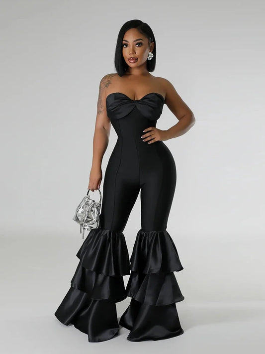 Chic women’s ankle-length jumpsuit, showcasing a stylish ruffled patchwork design and a flattering slim fit silhouette, perfect for autumn and winter occasions.