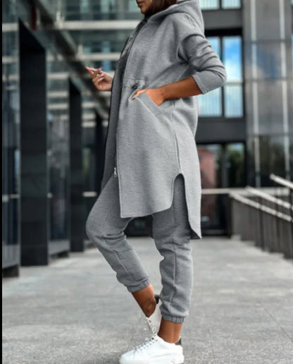 Fashionable ensemble of Luxury Women's Ankle-Length Pants and Hooded Zipper Coat, ideal for office wear and seasonal elegance in autumn/winter fashion.