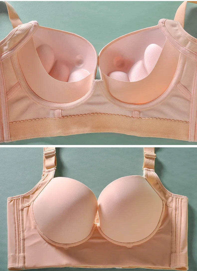 Romantic pink three-quarter cup bra for plus sizes, featuring a sophisticated seamless finish and adjustable straps for a tailored fit.