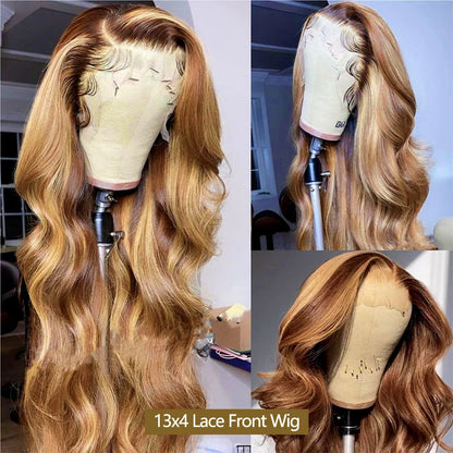 Close-up of the exquisite body wave texture of the P4/27 Highlight Color Human Hair Wig, showcasing its natural preplucked hairline with baby hair.
