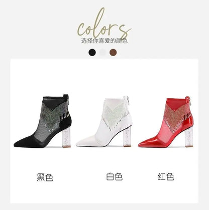 Stunning Women's Super High Heel Dance Boots, with a fashionable square heel and embellished with dazzling rhinestones and tassels.